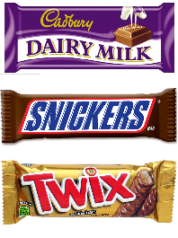 cadburys , snickers, twix