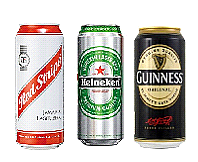 red stripe, heineken , guinness cans 